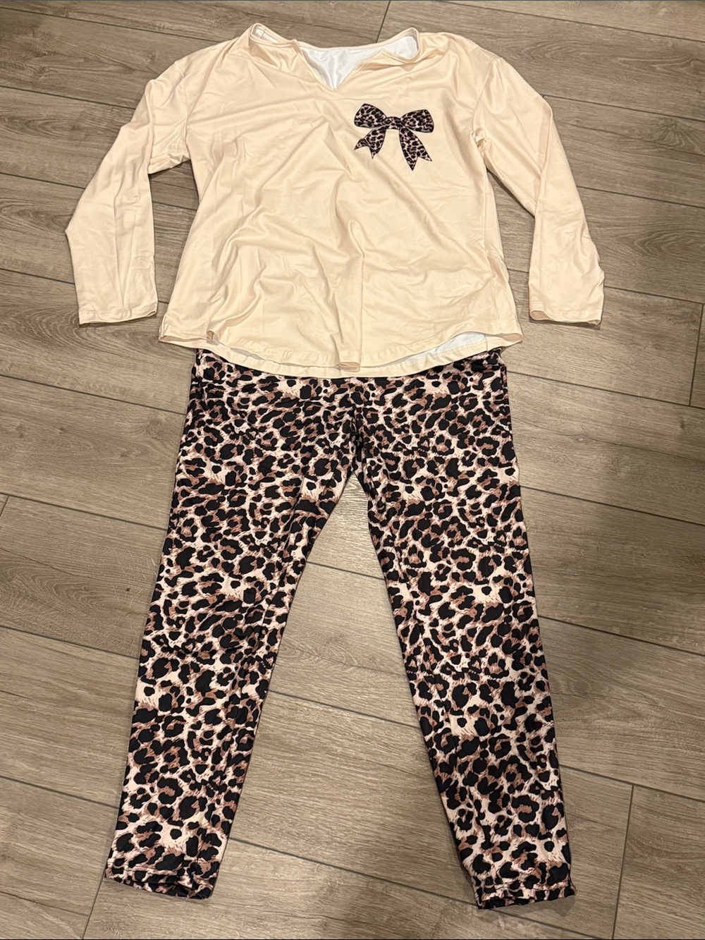 SHEIN Cream Long-Sleeve Top with Leopard Print Bow & Leopard Pants